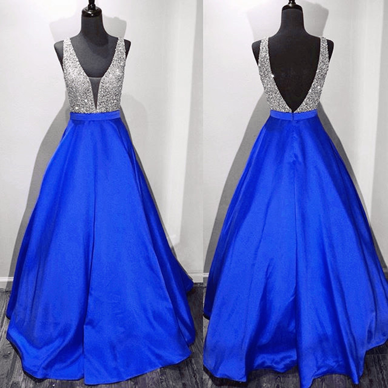 Sexy Royal Blue Prom Dresses Featuring Deep V Neckline Beaded Long Satin Evening Gowns
