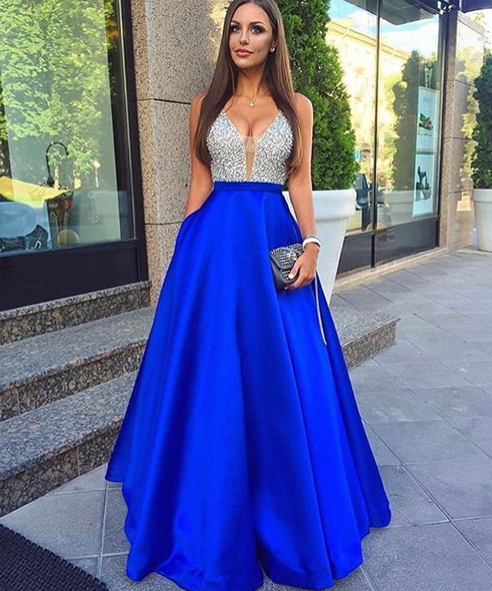 Sexy Royal Blue Prom Dresses Featuring Deep V Neckline Beaded Long