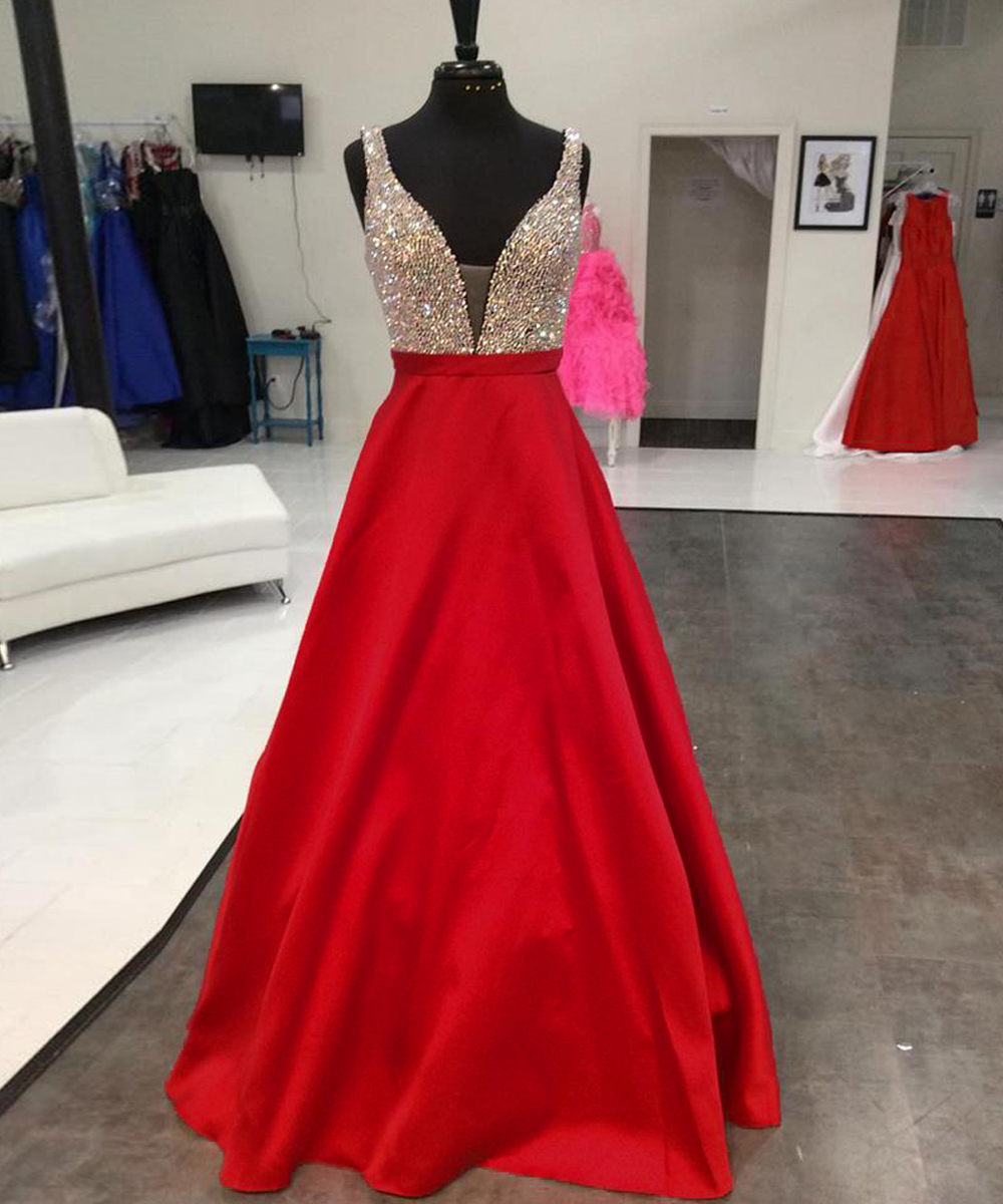 Sexy Red Prom Dresses Featuring Deep V Neckline Beaded Long Satin Evening Gowns