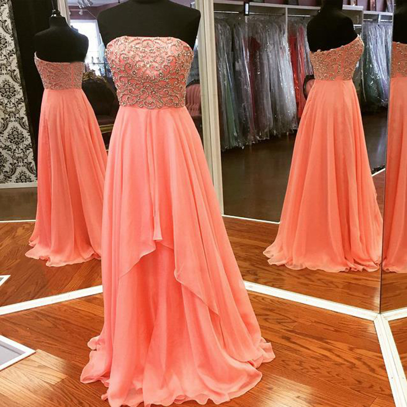 Long Beaded Coral Prom Dresses Featuring Sweetheart Neckline Long Chiffon Evening Gowns