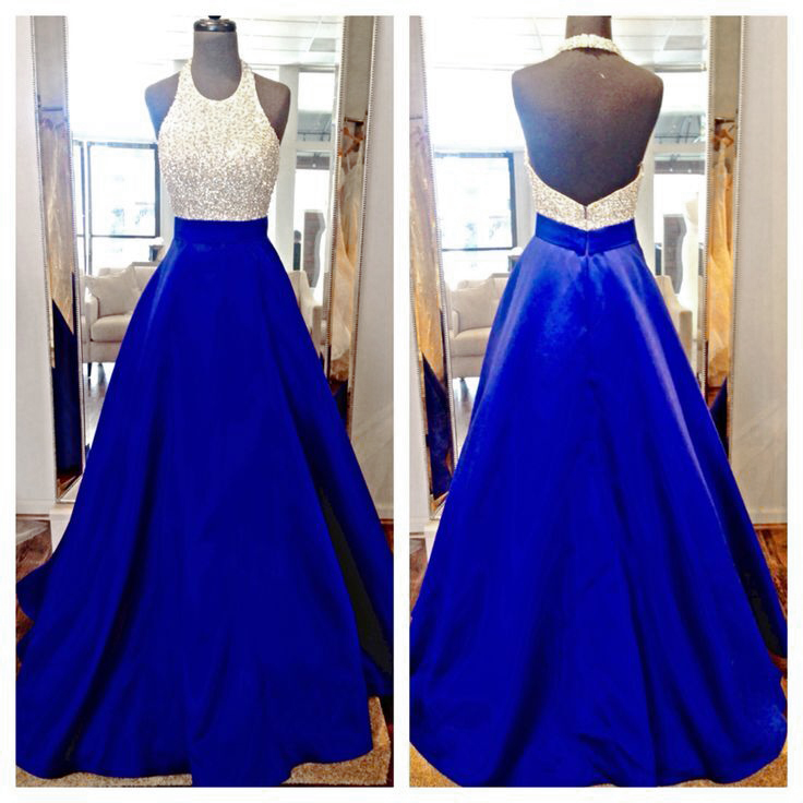 Long Beaded Royal Blue Prom Dresses Featuring Halter Neckline Long Satin A Line Evening Gowns