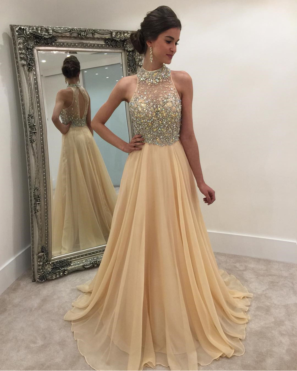 Long Champagne Prom Dresses Floor Length Chiffon Halter A Line Evening Gowns