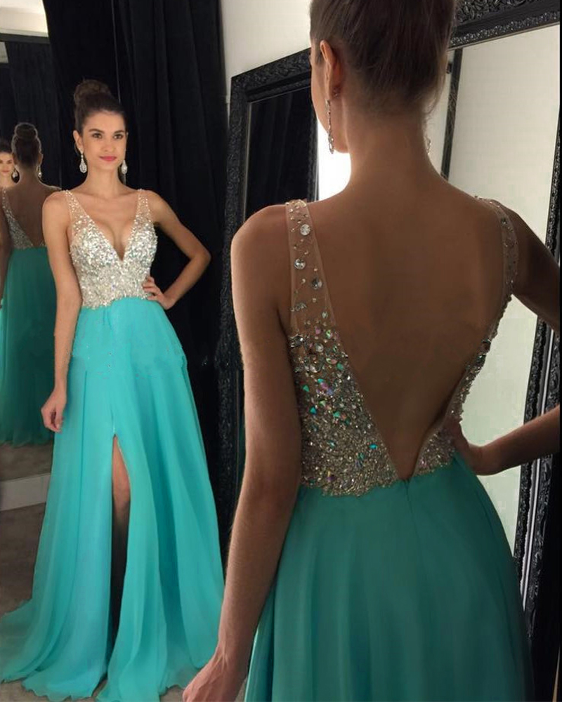 Sexy Backless Turquoise Prom Dresses Floor Length V Neck Chiffon A Line Evening Gowns