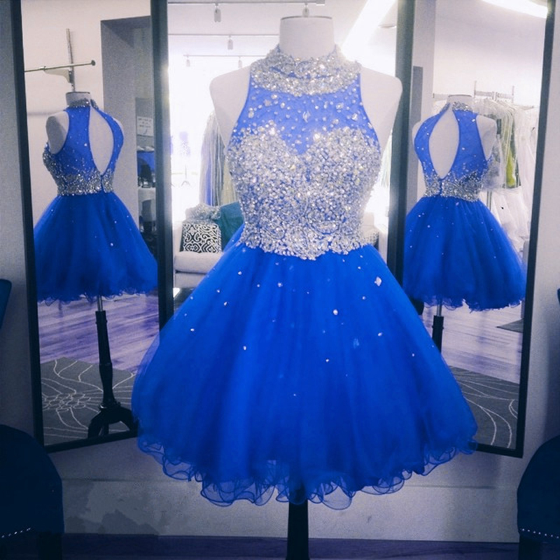 Backless Royal Blue Short Evening Dresses, Mini Organza Prom Dresses, Party Dresses, Formal Gowns