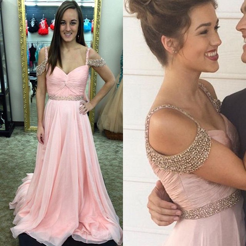 Baby Pink Chiffon Prom Dresses Featuring Off The Shoulder Long Elegant Evening Gowns