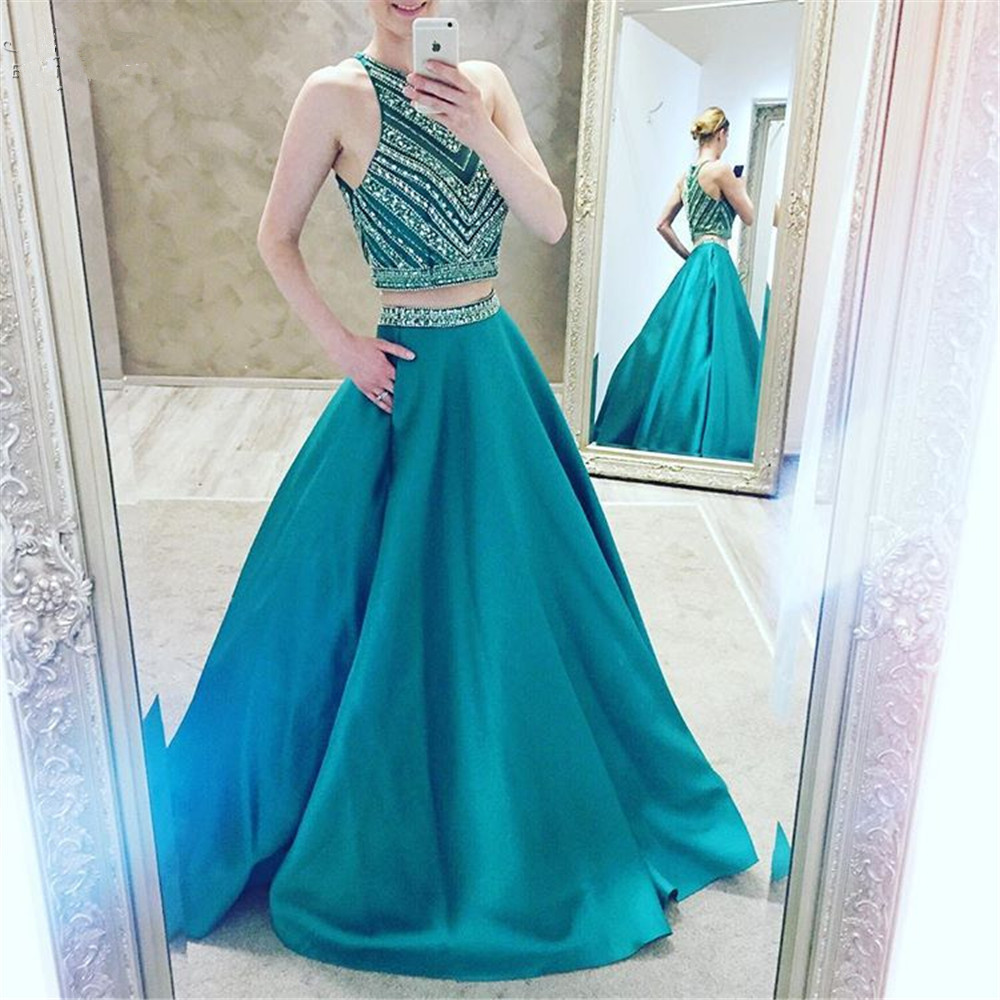 Sexy 2 Piece Prom Dress Women Formal Dresses Light Blue Satin Evening Party Gonws With Beaded Bodice And Pocket