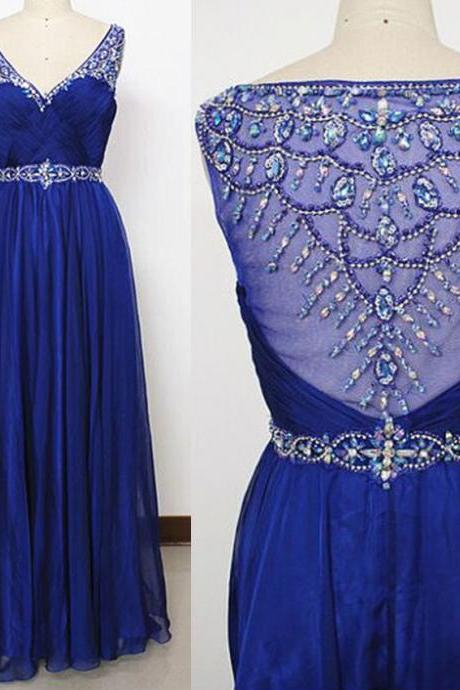 Charming Women Beaded Formal Dresses Royal Blue Chiffon Evening Party Gonws With V Neck