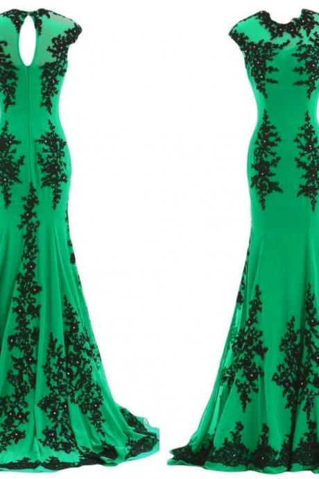 Charming Mermaid Formal Dresses Green Lace Applique Evening Party Gonws With Sheer Neck