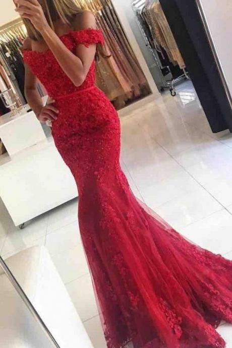 Red Mermaid Prom Dresses Lace Applique Evening Party Formal Gonws With Off The Shoulder