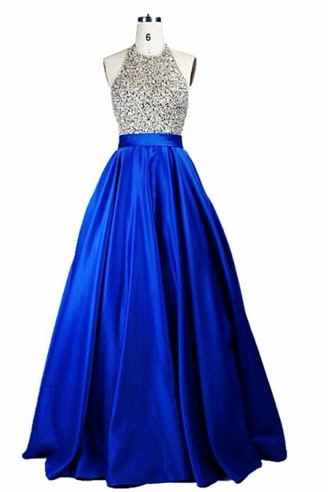 Royal Blue Prom Dresses Beaded Satin Evening Party Formal Gonws With Halter Neckline