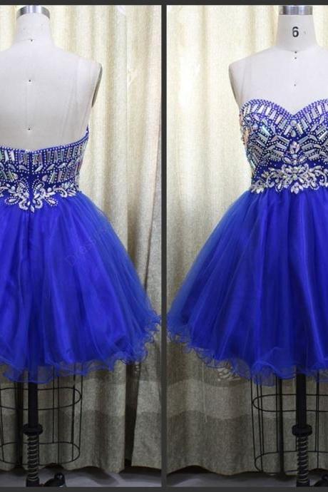 Royal Blue Short Prom Dresses Beaded Sweetheart Organza Homecoming Dresses
