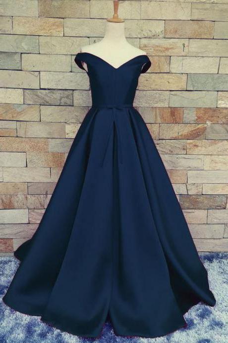 Brilliant Satin Navy Blue A Line Prom Gowns, Navy Blue Prom Dresses With Off The Shoulder,A Line Prom Dress 2017