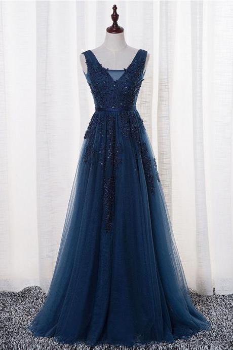 Navy Blue Floor Length Tulle Prom Dresses Featuring Lace Bodice And Open Back,long Elegant Evening Formal Gowns