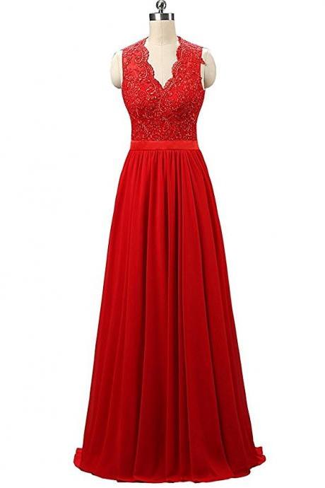 Stunning V Neck Red Chiffon Bridesmaid Dresses,Elegant Long Backless Formal Dresses, Wedding Party dresses, New Arrival Evening Gowns