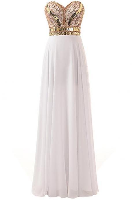 Long Beaded White Prom Dresses Featuring Sweetheart Neckline Long Chiffon A Line Evening Gown
