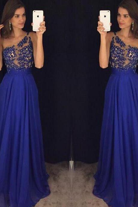 Sexy Women One Shoulder Royal Blue Formal Dresses Chiffon Evening Party Gowns