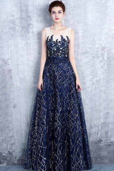 Long Eleganat Lace Applique Navy Blue A Line Beaded Formal Dresses Featuring Sheer Neck And Lace-Up Back - Prom Dresses,Party Dress