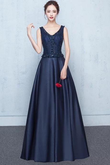 2018 Long Satin Navy Blue A Line Beaded Formal Dresses Featuring V Neck And Lace-up Back - Prom Dresses,party Dress