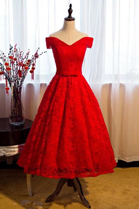 2018 Tea Length Lace Red A Line Formal Dresses Featuring Off The Shoulder And Lace-up Back - Prom Dresses,party Dress