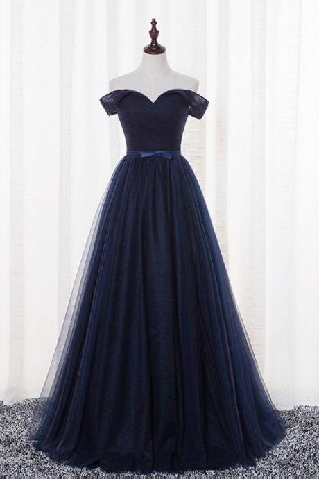 Charm Navy Blue Tulle Prom Dresses With Off The Shoulder,Long V Neckline Lace Up Evening Dresses, Dark Navy Bridesmaid Dresses 2018