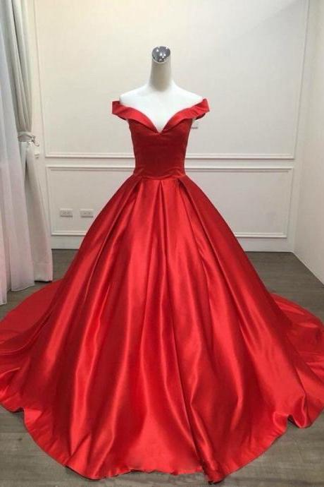 Stunning Red Satin Prom Dresses,long V Neck Evening Dresses, Chapel Train Formal Dresses