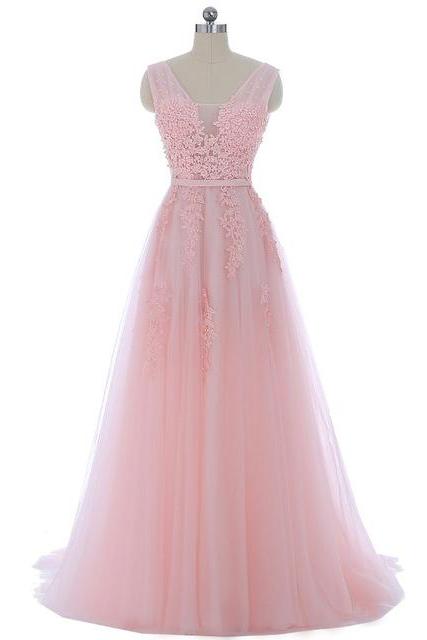 Long Women V Neck Prom Dresses A Line Pink Tulle Lace Applique Evening Party Dresses