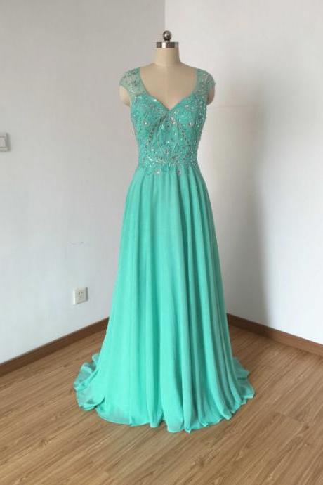 Turquoise Floor Length Chiffon Prom Dresses Featuring Beaded Bodice And V Neck,Long Elegant Backless Evening Formal Gowns 