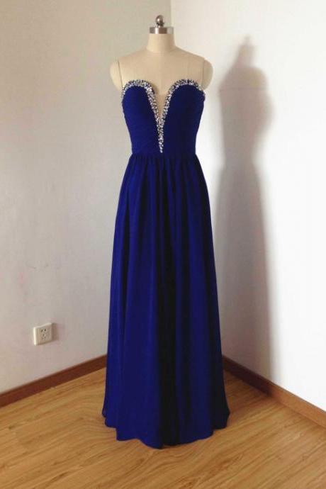 Long Royal Blue Chiffon Prom Dresses Featuring Beaded Deep V Neck,Long Elegant Strapless Evening Dress Formal Gowns 