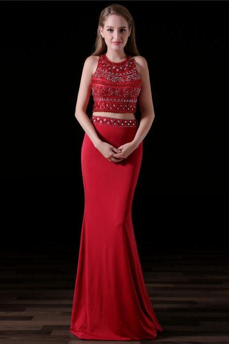 Red Floor Length Beaded Two Piece Prom Dresses Featuring Sheer Bateau Neckline Long Sexy Backless Evening Formal Gowns
