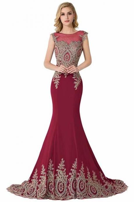 2019 Burgundy Prom Dresses Burgundy Lace Applique Evening Dress Real Photo Sheer Neck Mermaid Prom Dresses Long Vestido De Festa