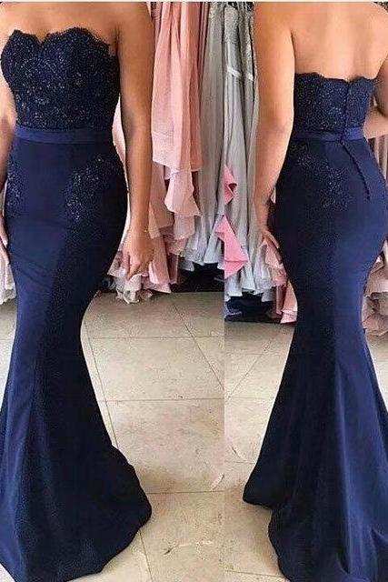 Fashion Navy Blue Prom Dresses 2019 Appliques Princess Formal Evening Dress