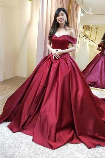 Sexy Burgundy Prom Dresses 2019 New Satin Off The Shoulder Evening Dress