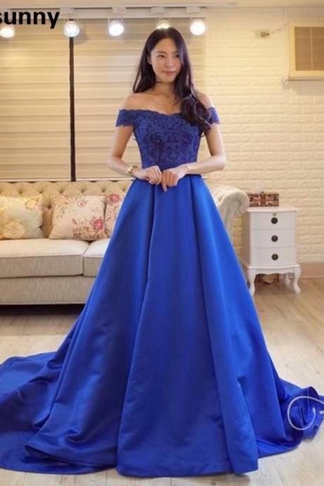 Royal Blue Long Prom Dresses 2019 Satin Off Shoulder Vintage Evening Dress