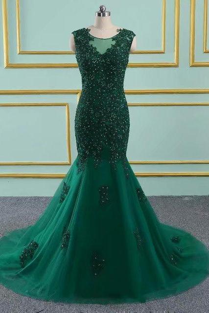 Floor Length Prom Dresses 2019 New Tulle Beaded Appliques Mermaid Dark Green Vintage Evening Dress