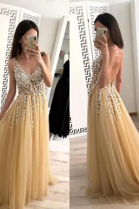 Sexy Champagne Prom Dresses 2019 Backless Beaded Tulle Beaded Long V Neck Evening Dress
