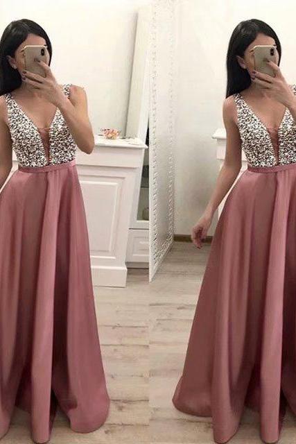 Blush Pink Prom Dresses 2019 Satin Beaded V Neck Beaded Evening Party Dress