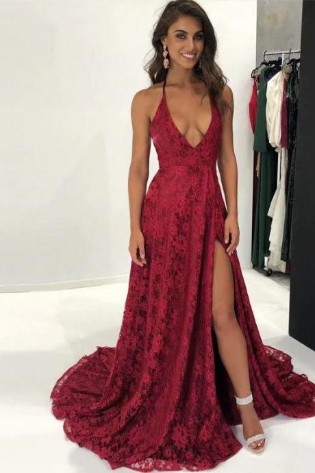 Burgundy Lace Prom Dresses 2019 Deep V Neck Sexy Side Split Evening Gowns