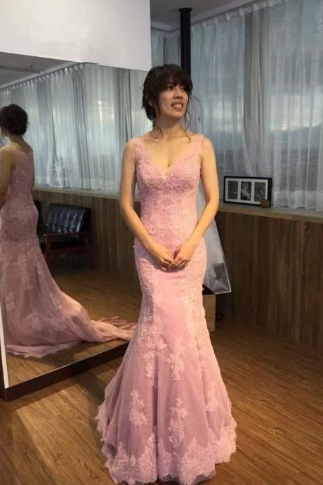 Pink Long Prom Dresses 2019 Tulle Lace Applique V Neck Lace Applique Party Evening Dress