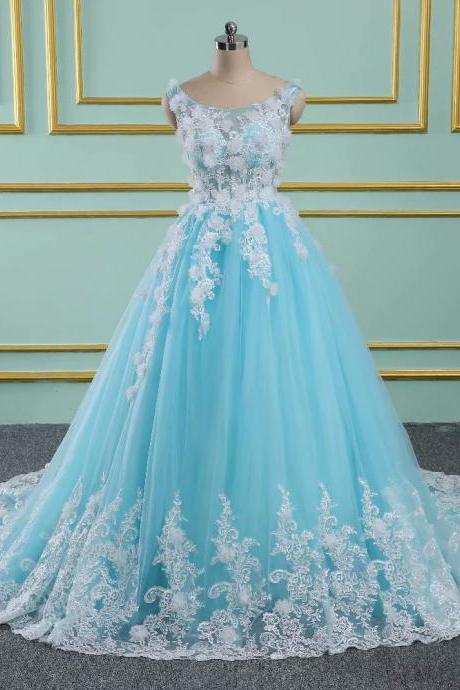 Blue Floral Prom Dresses 2019 Tulle Lace Appliques Sheer Neck Princess Ball Gown Vintage Evening Dress
