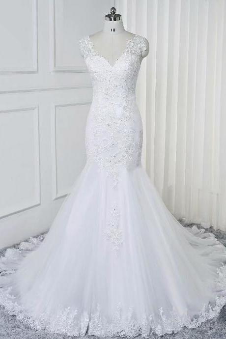2019 Mermaid Wedding Dresses V Neck Lace Applique Bridal Dress Elegant Long Wedding Gowns