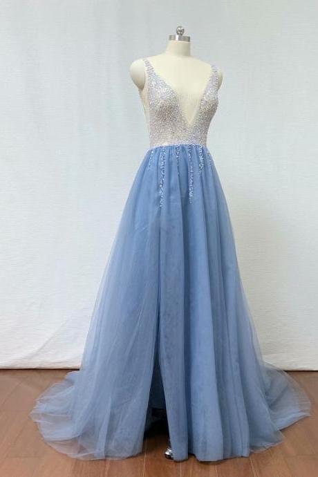 2019 Fashion Light Blue Beading Evening Dresses A Line Tulle Prom Gowns