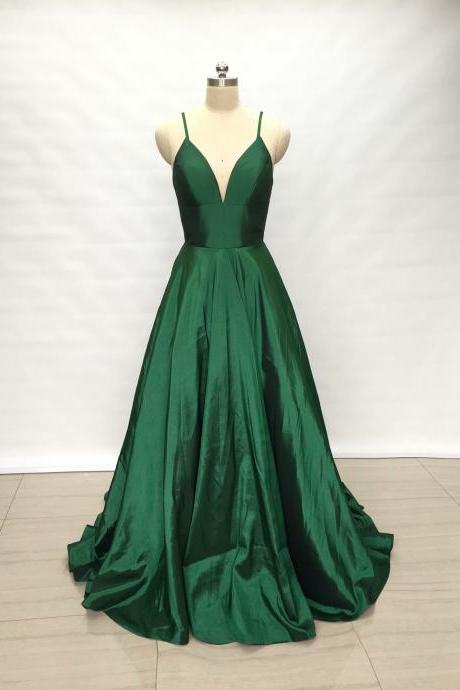 2019 Wedding Party Gowns Spaghetti Straps Dark Green Evening Dresses A Line Prom Gowns