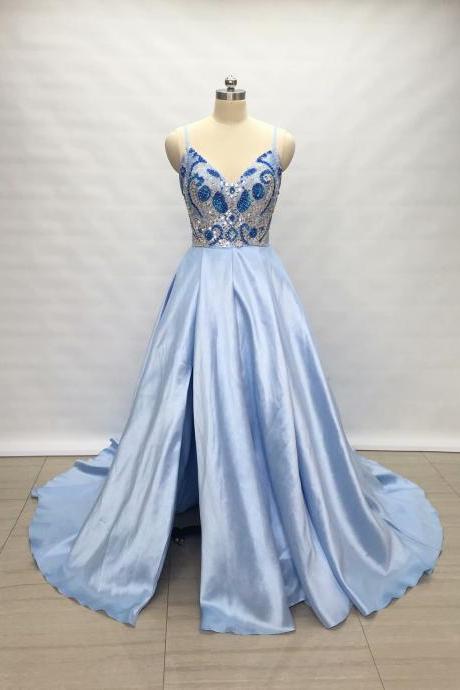 2019 Fashion Light Blue Side Split Evening Dresses A Line Satin Prom Gowns