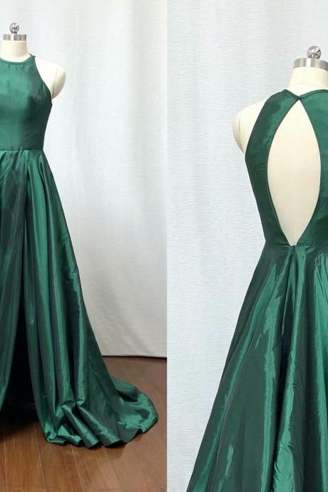 2019 New Arrival Dark Green Backless Evening Dresses A Line Chapel Train Prom Gowns