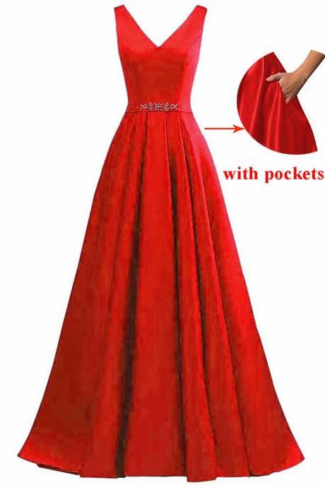 Elegant Long V Neck Red Evening Dresses With Pockets A Line Satin Formal Prom Gowns