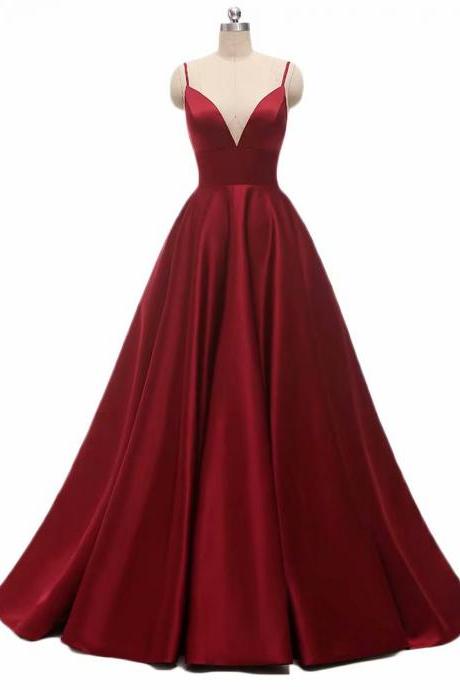 Long Elegant Burgundy V Neck Evening Dresses A Line Satin Prom Gowns Formal Party Dress
