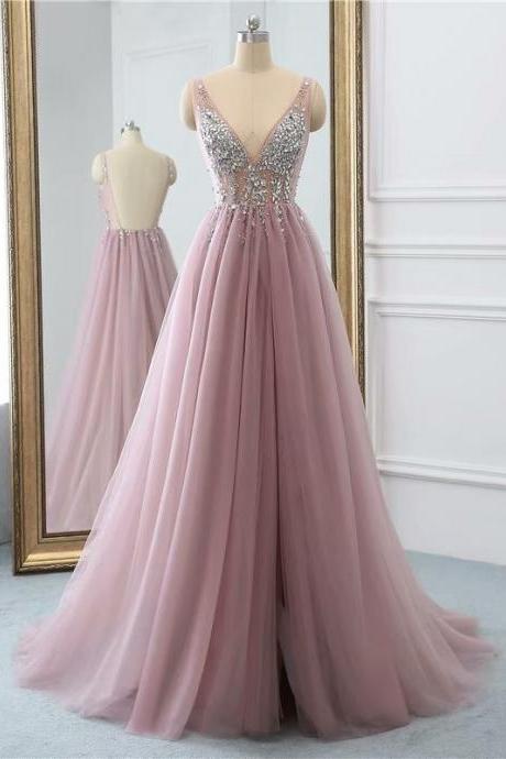 Floor Length Pink Tulle Prom Dress Beaded V Neck Long Backless Women Party Dress