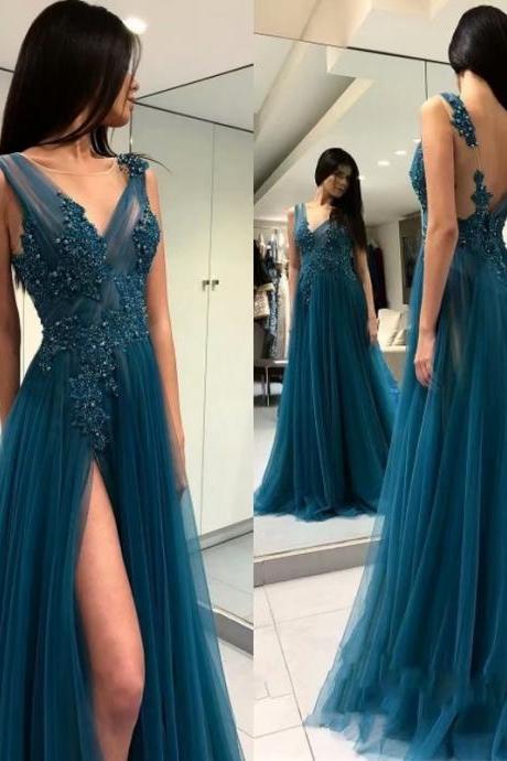 Long Evening Gowns Lace Applique Teal Green Prom Dress Beaded V Neck Long Women Party Formal Dress
