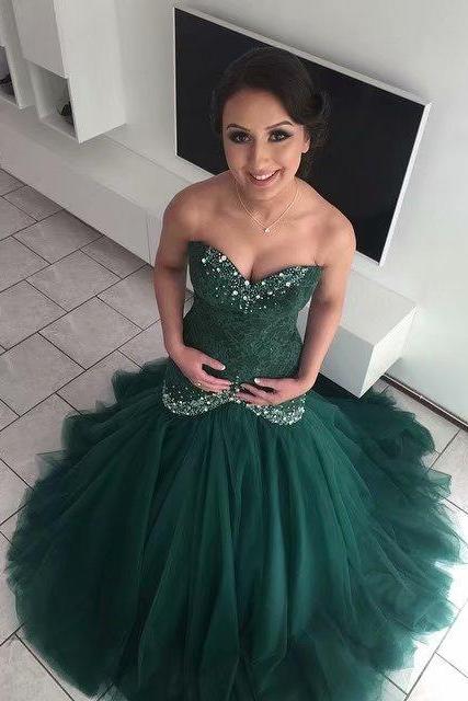 New Long Dark Green Tulle Mermaid Formal Dresses Featuring Rhinestone Beaded Bodice With Sweetheart Neckline -- Long Elegant Prom Dresses, Sexy Evening Gowns