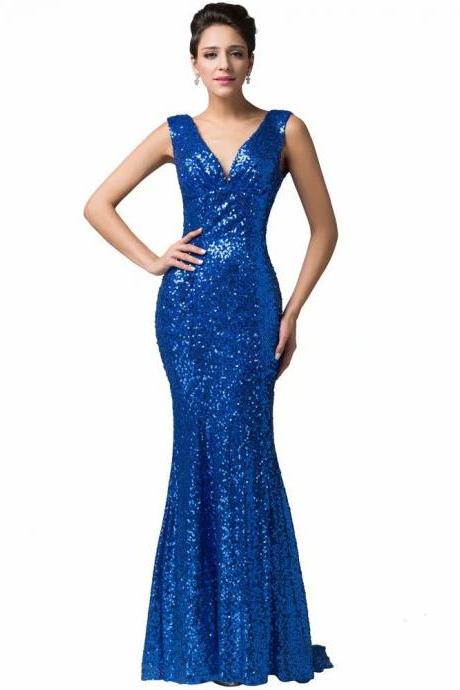 New Arrival Royal Blue Mermaid Formal Dresses Featuring Rhinestone Beaded Bodice With Deep V Neckline -- Long Elegant Prom Dresses, Sexy Evening Gowns